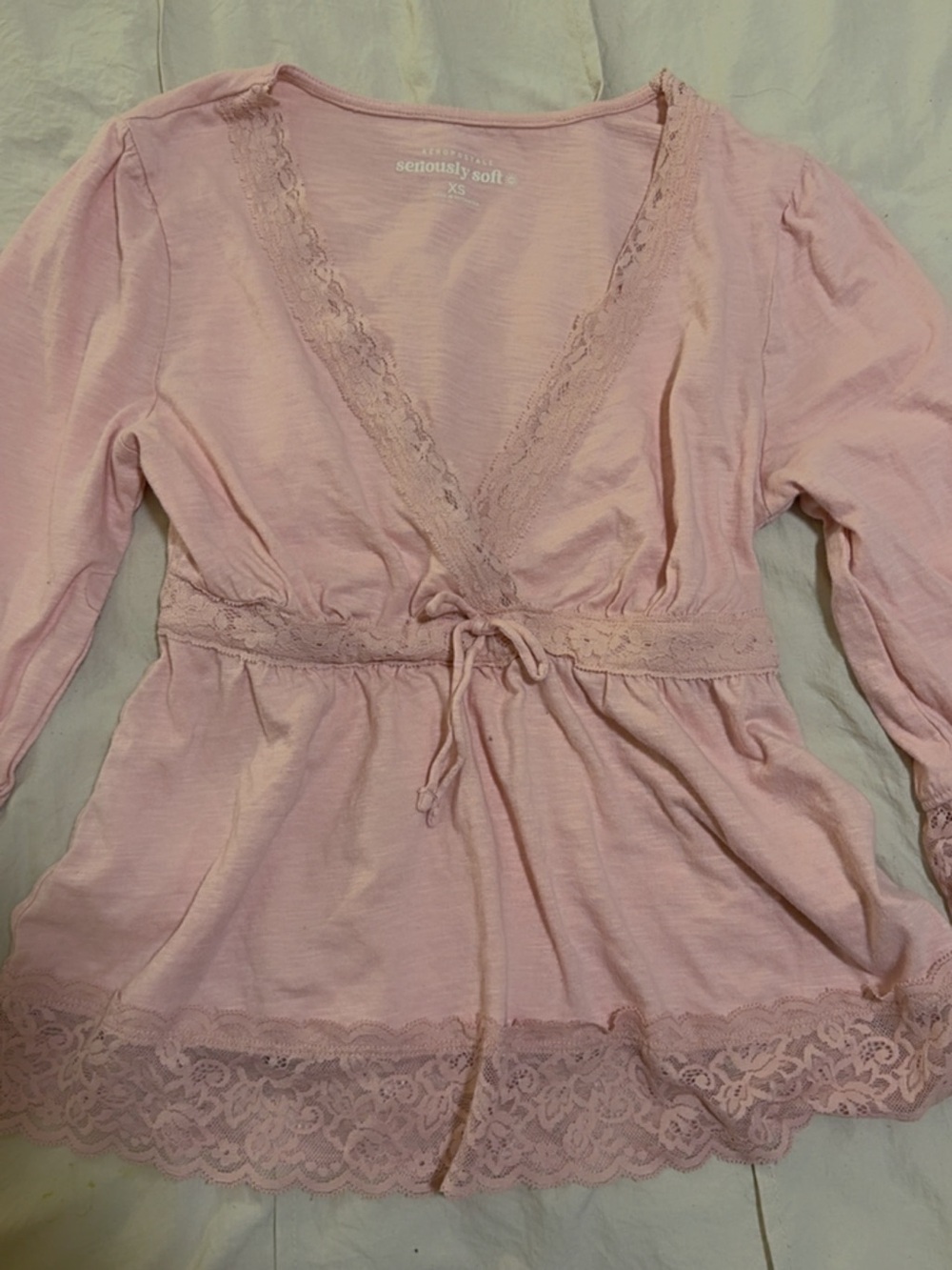 Aeropostale Pale Pink Lace-Trim Drawstring Long Sleeve Top